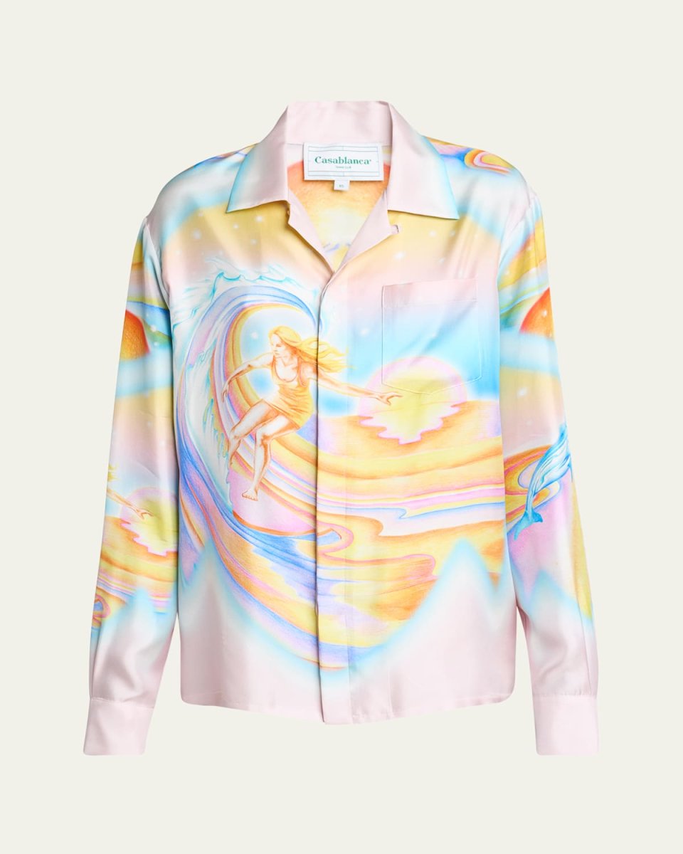 Surf Print Long-Sleeve Silk Blouse